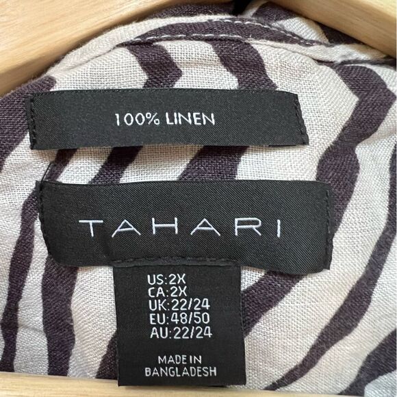 Tahari 100% Linen Tunic Top Zebra Stripe Size 2X Animal Print Button Up Toll Tab - Picture 5 of 8